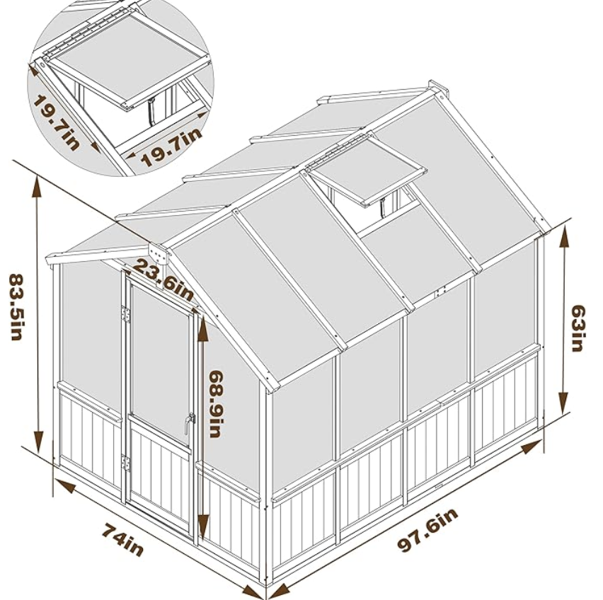 VEIKOU 6' x 8' Wooden Greenhouse for Outdoors with Cedar Frame, 6MM Thick Polycarbonate Panel, Green House with Adjustable Vent for Outside, Gar
