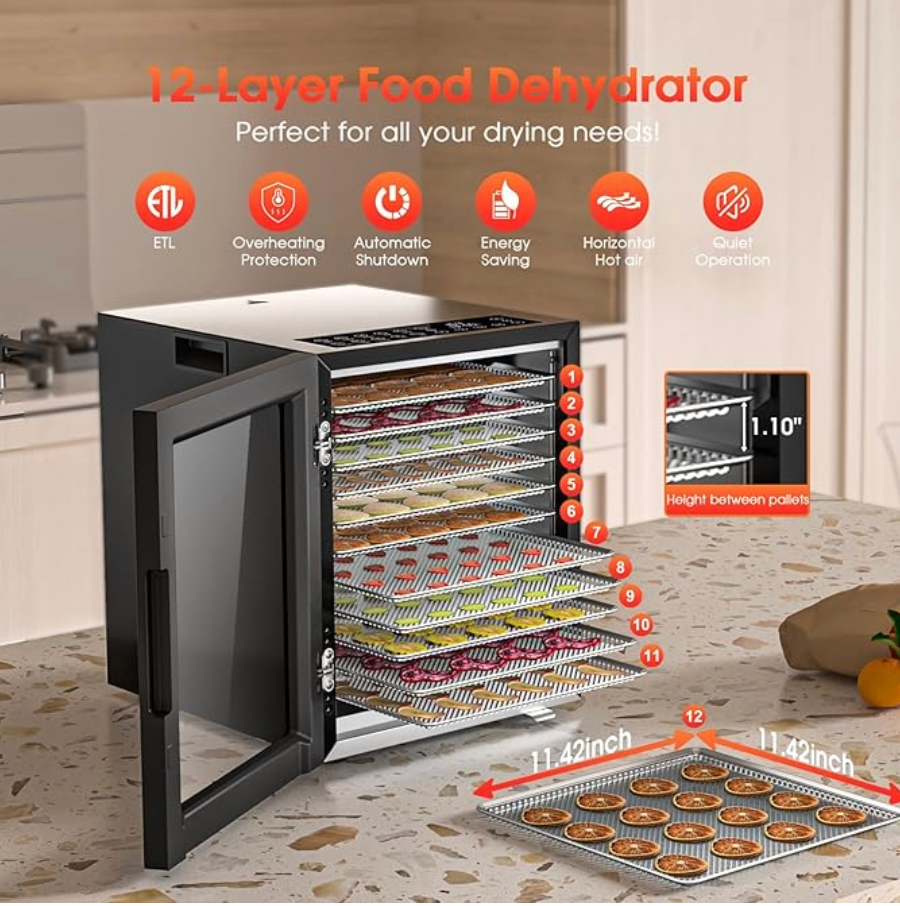 Food Dehydrator, 12 Stainless Steel Trays in 850W Electric Dehydrator Machine, 48 Hour Digital Timer and 165°F Temperature Control